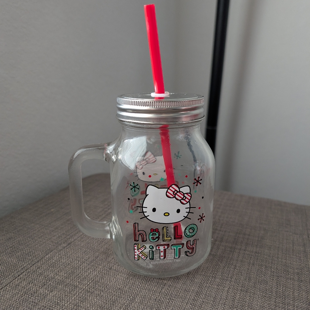 Hello Kitty Glass Mason Jar with Red Straw